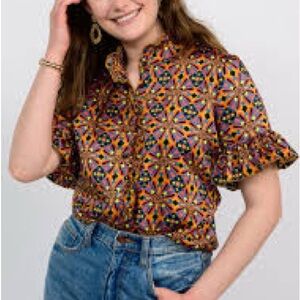 Ivy Jane Satin Ruffle Blouse Geometric Print Short Sleeve Size M